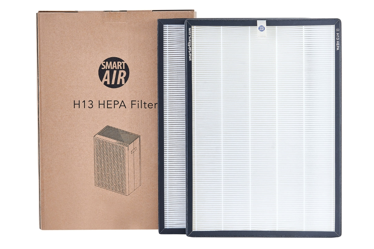 Two Smart Air H13 HEPA filters with packaging on a white background