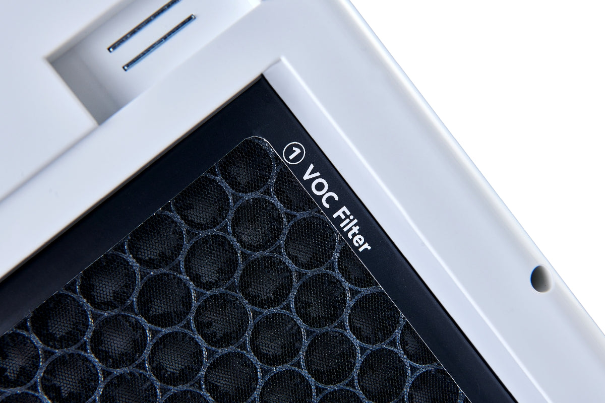 Closeup of Carbon VOC filter on Smart Air SA600 Air purifier with words VOC Filter