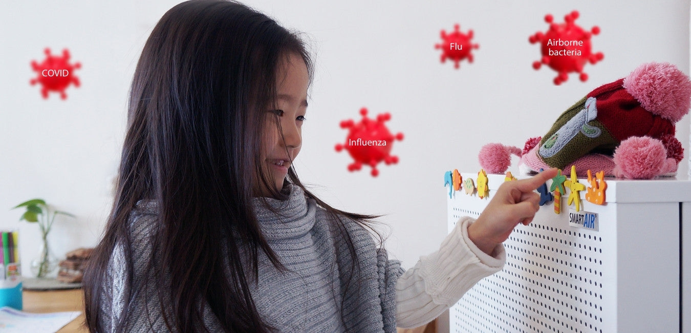Girl with a Smart Air Blast Mini air purifier with teddy on top and visualised viruses in the air