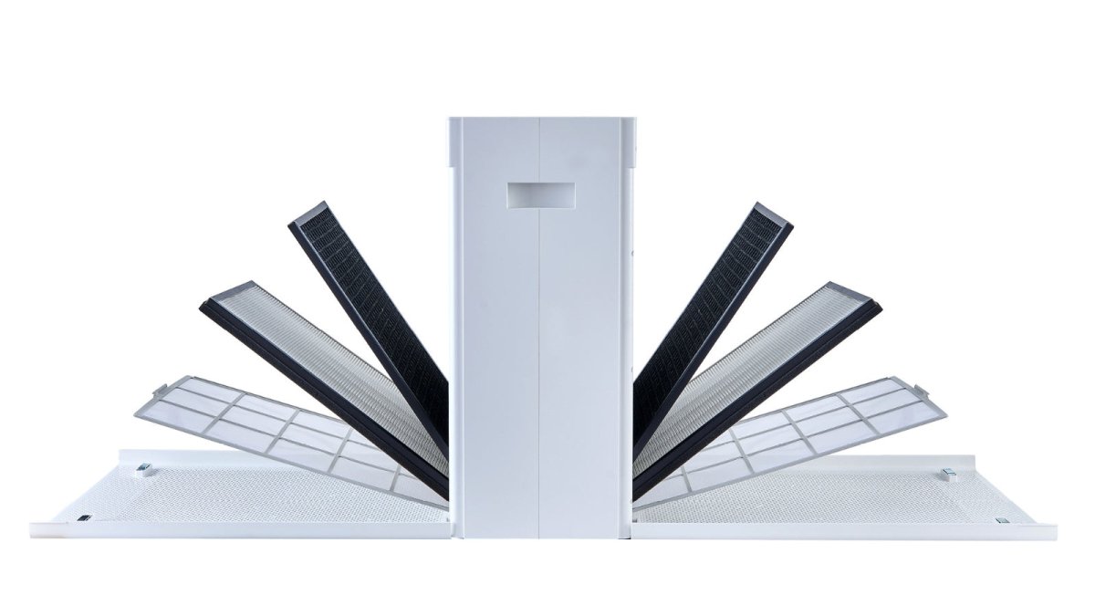 SA600 air purifier showing filters fanned out on both side
