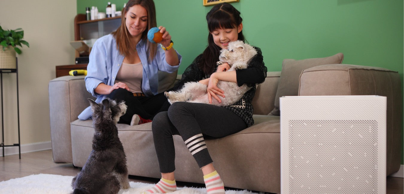 Smart Air SA600 in foreground with family and pets on couch in background