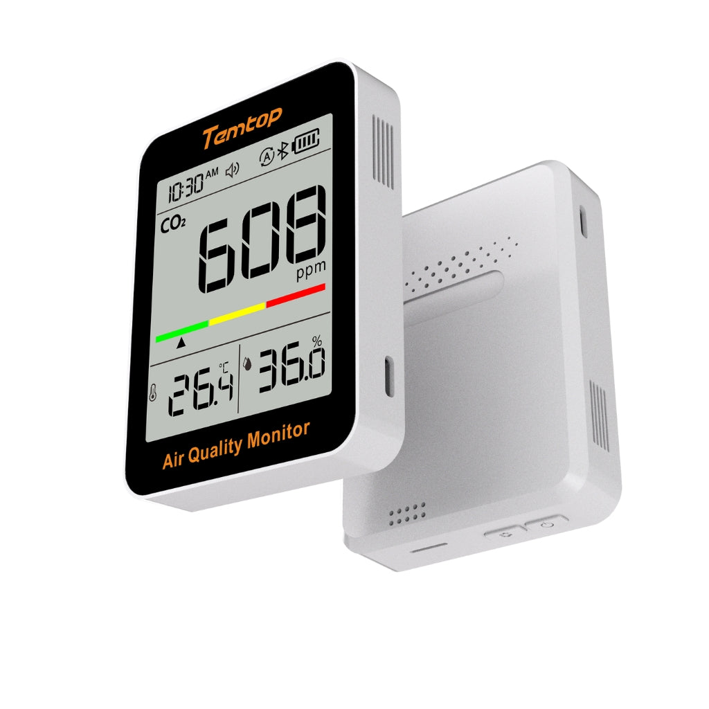 Temtop C1+ CO2 monitor with a white background