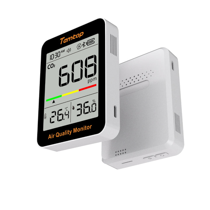 Temtop C1+ CO2 monitor with a white background