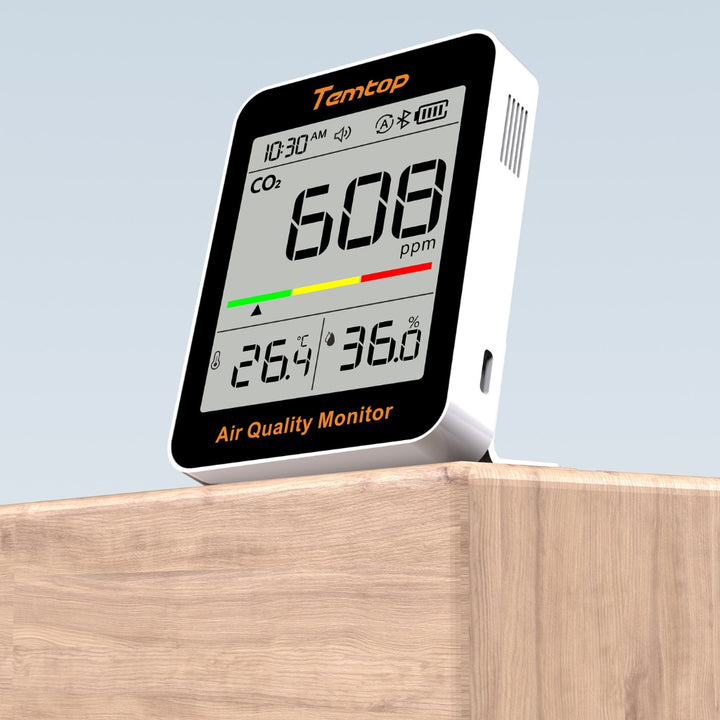 Temtop C1+ CO2 monitor displaying CO2 levels and temperature on a wooden surface with a light blue background