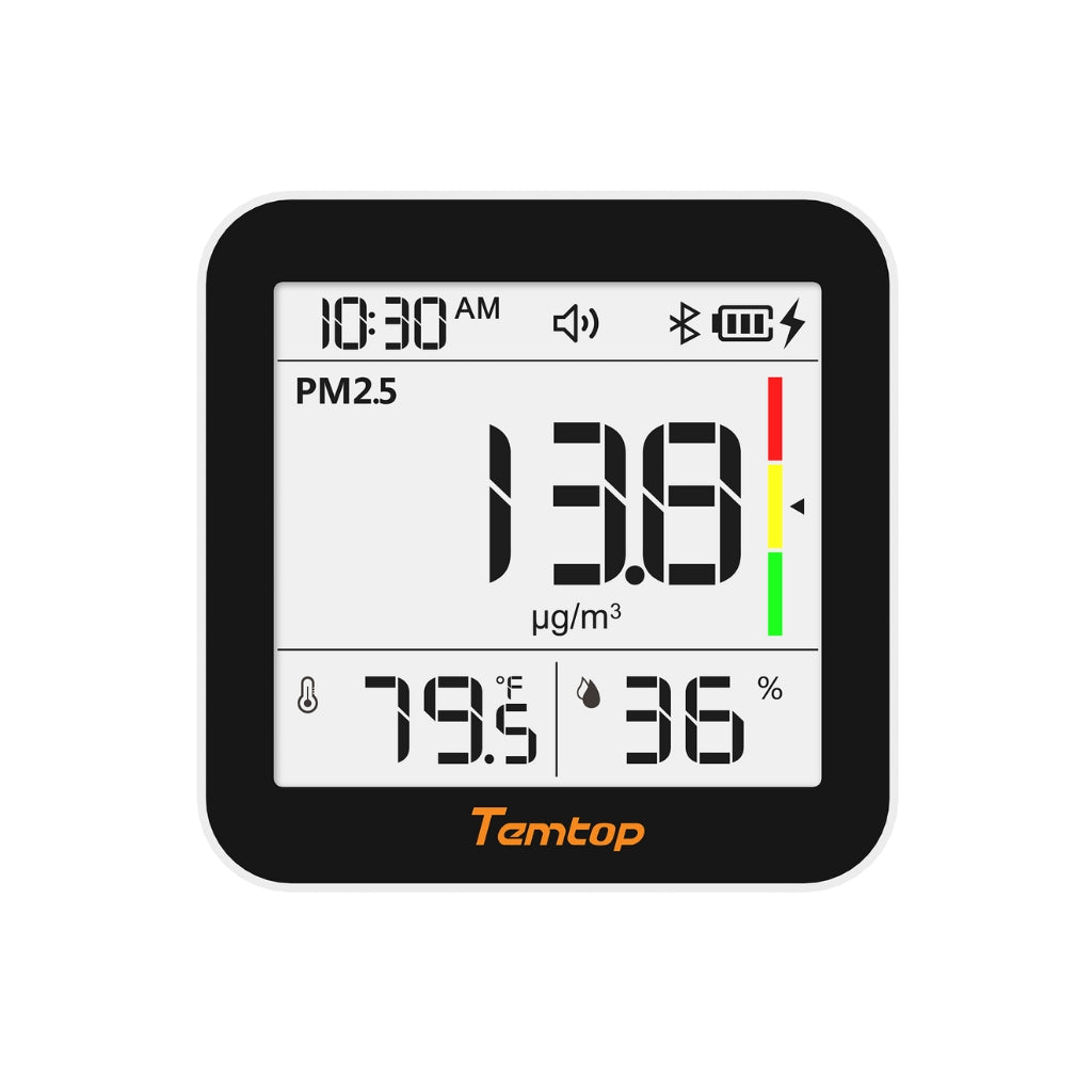 Temtop M10+ air quality monitor on white background