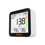 Slightly off centre angle shot of Temtop M10+ air quality monitor with white background