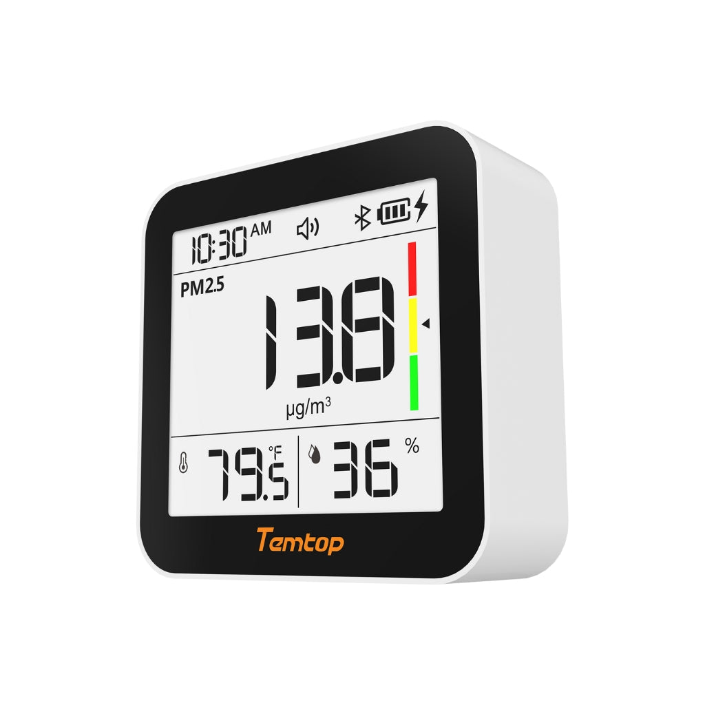 Slightly off centre angle shot of Temtop M10+ air quality monitor with white background
