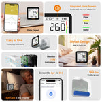 Collage of Temtop M10+ air quality monitor with features highlighted on a white background