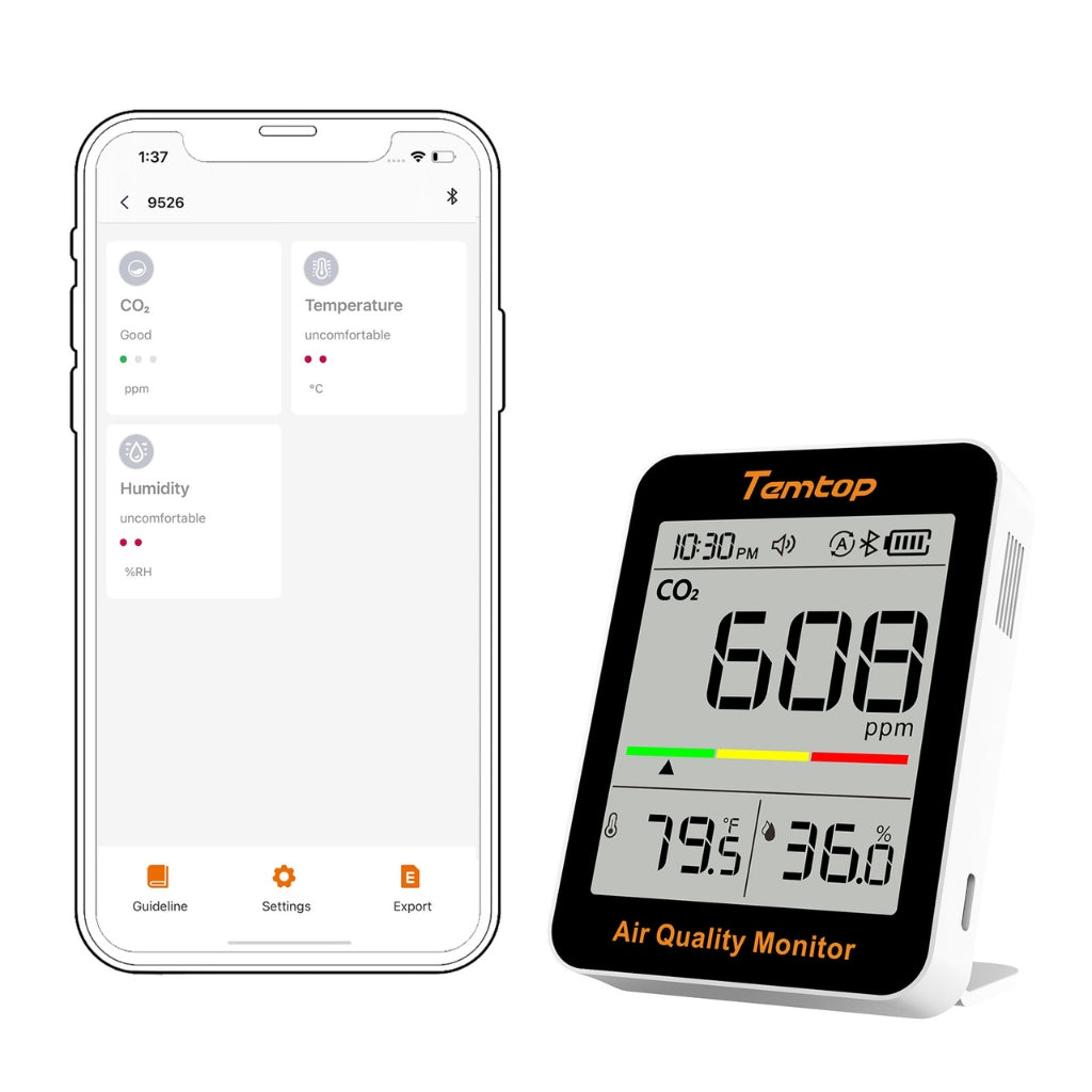 Air quality monitor displaying CO2 levels next to a smartphone app interface.