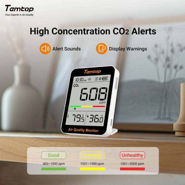 Temtop air quality monitor displaying CO2 levels on a wooden surface with a blurred indoor background.
