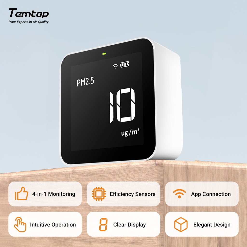 Temtop M10 Air quality monitor with digital display on a wooden surface, displaying key features