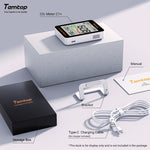 Temtop CO2 Meter C1+ with packaging, charging cable, and manual on a light gray background