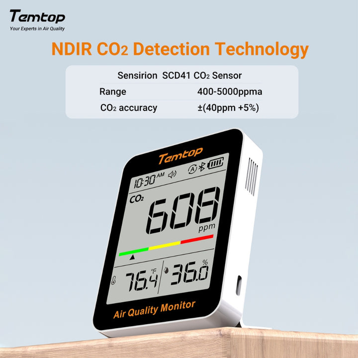 Temtop air quality monitor with NDIR CO2 detection technology on a light blue background