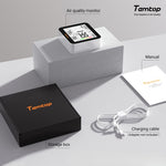 Temtop M10+ air quality monitor with packaging, manual, and charging cable on a grey surface