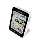 Temtop air quality monitor displaying CO2 levels and temperature on a white background