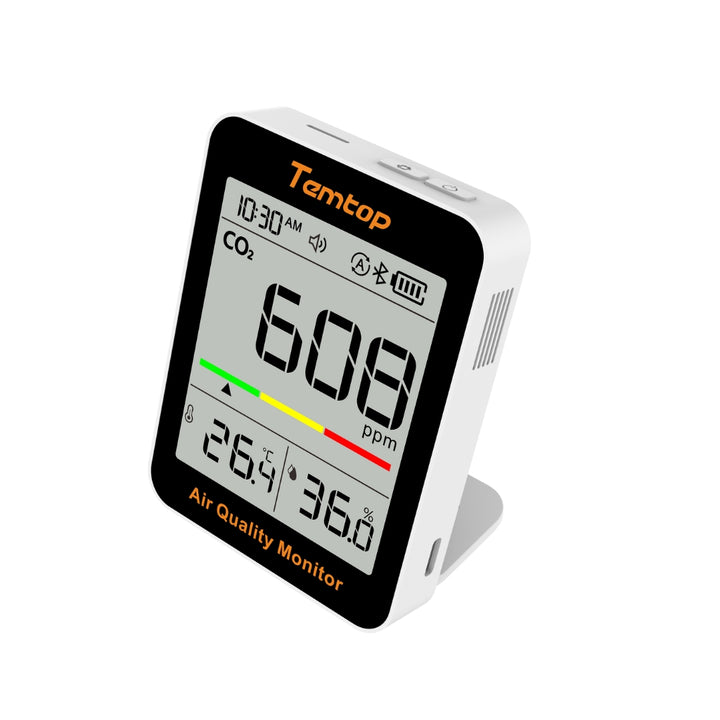 Temtop air quality monitor displaying CO2 levels and temperature on a white background