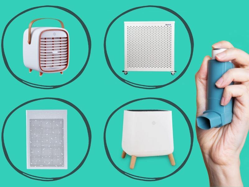 Collection of Smart Air air purifiers on a teal background with a hand holding an asthma inhaler.