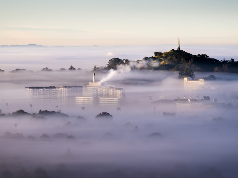 Foggy/polluted Auckland landscape with buildings and trees in the morning
