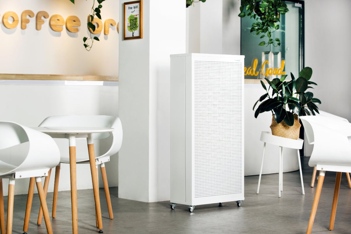 Smart Air Blast air purifier in a modern office/cafe setting with chairs and plants.