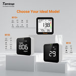 Temtop M10 range of air quality monitors on podiums showing differences between the 3 models