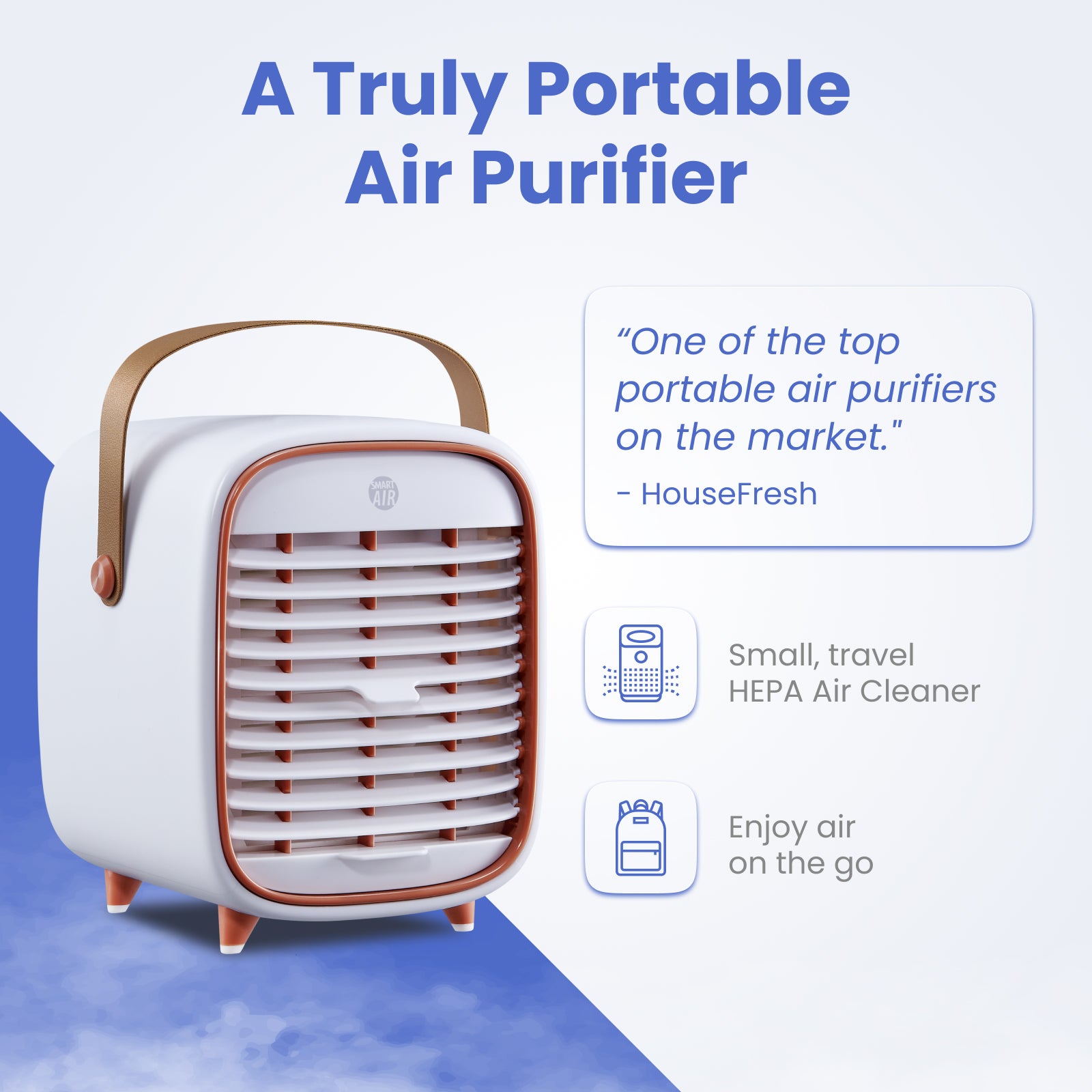 Smart air QT3 portable air purifier with quote describing it as one of the top portable air purifiers on the market