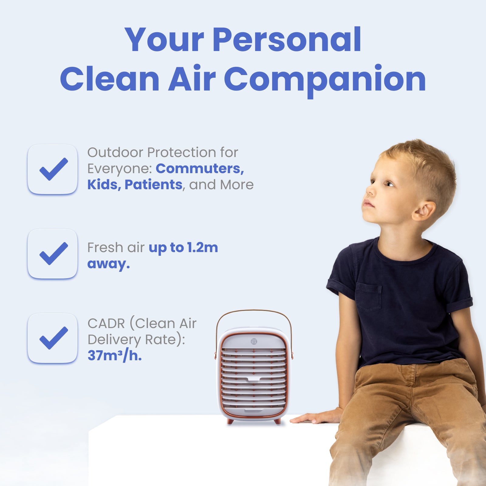 Smart air QT3 portable air purifier with child next to it showing features like CADR and protection for commuters