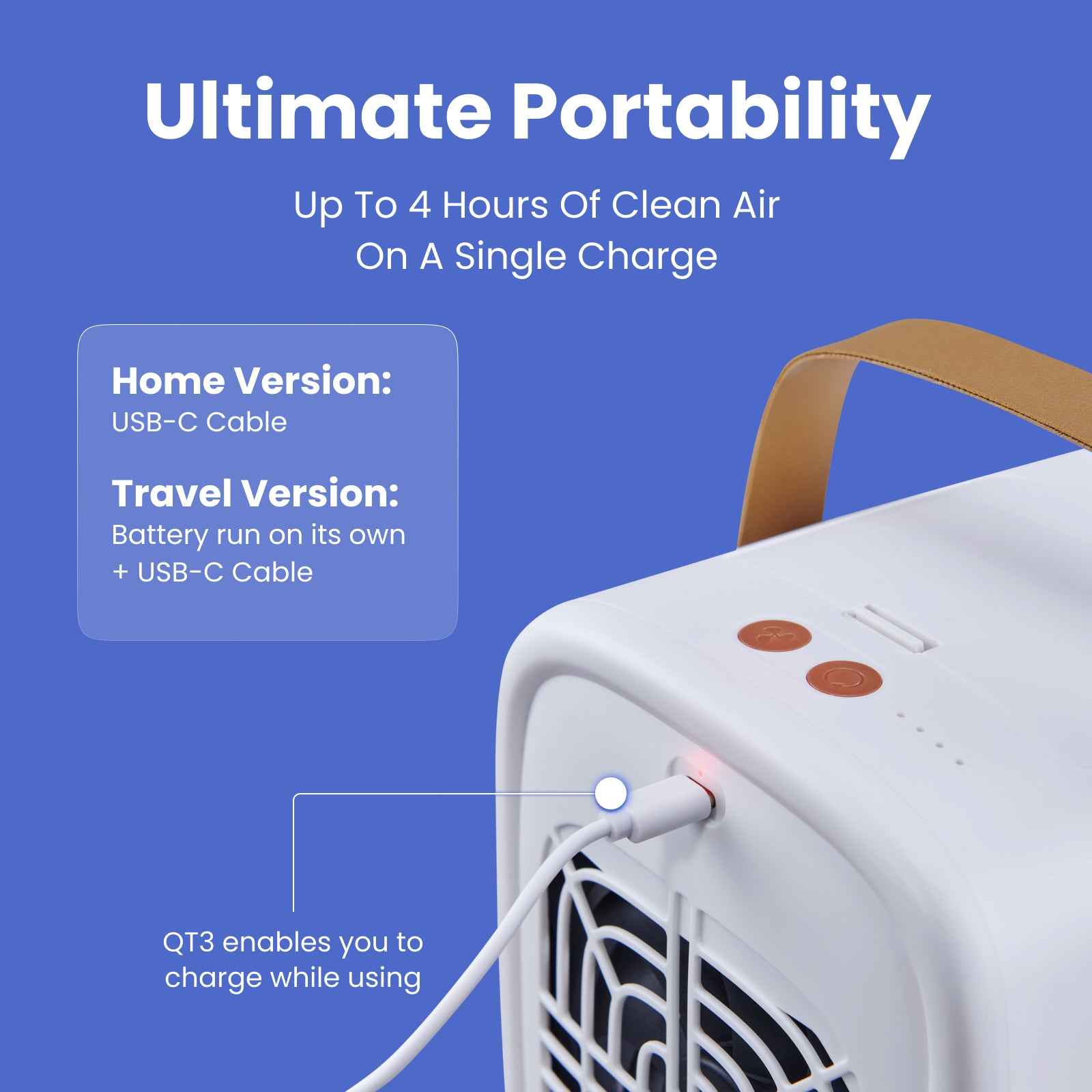 Smart air QT3 portable air purifier showing 4 hours of usage per charge