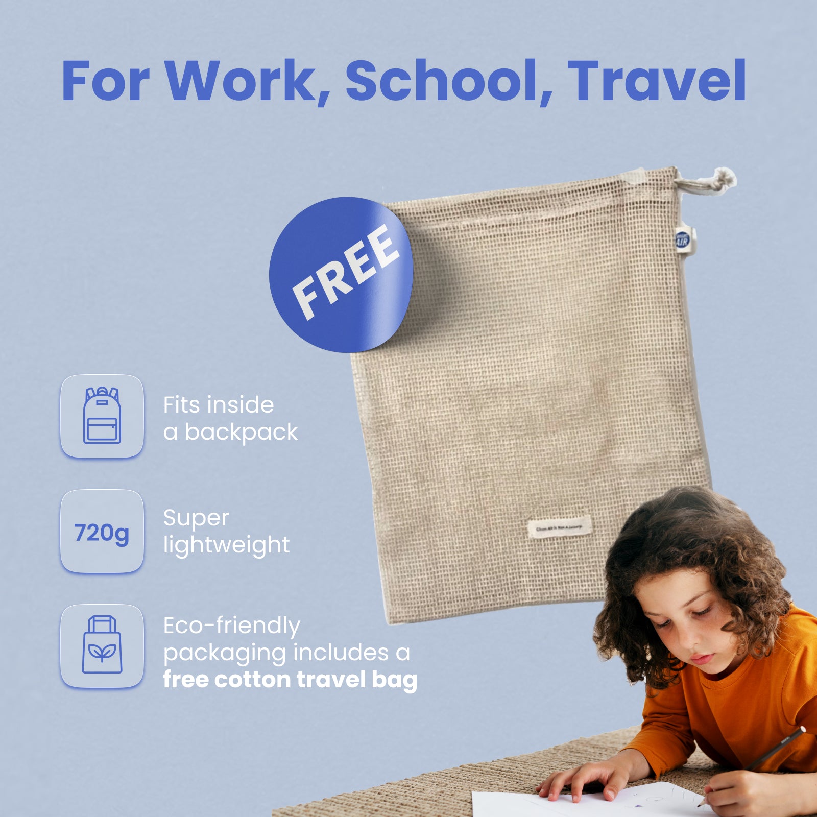 Smart air QT3 portable air purifier showing free cotton travel bag and usage for school, work and travel