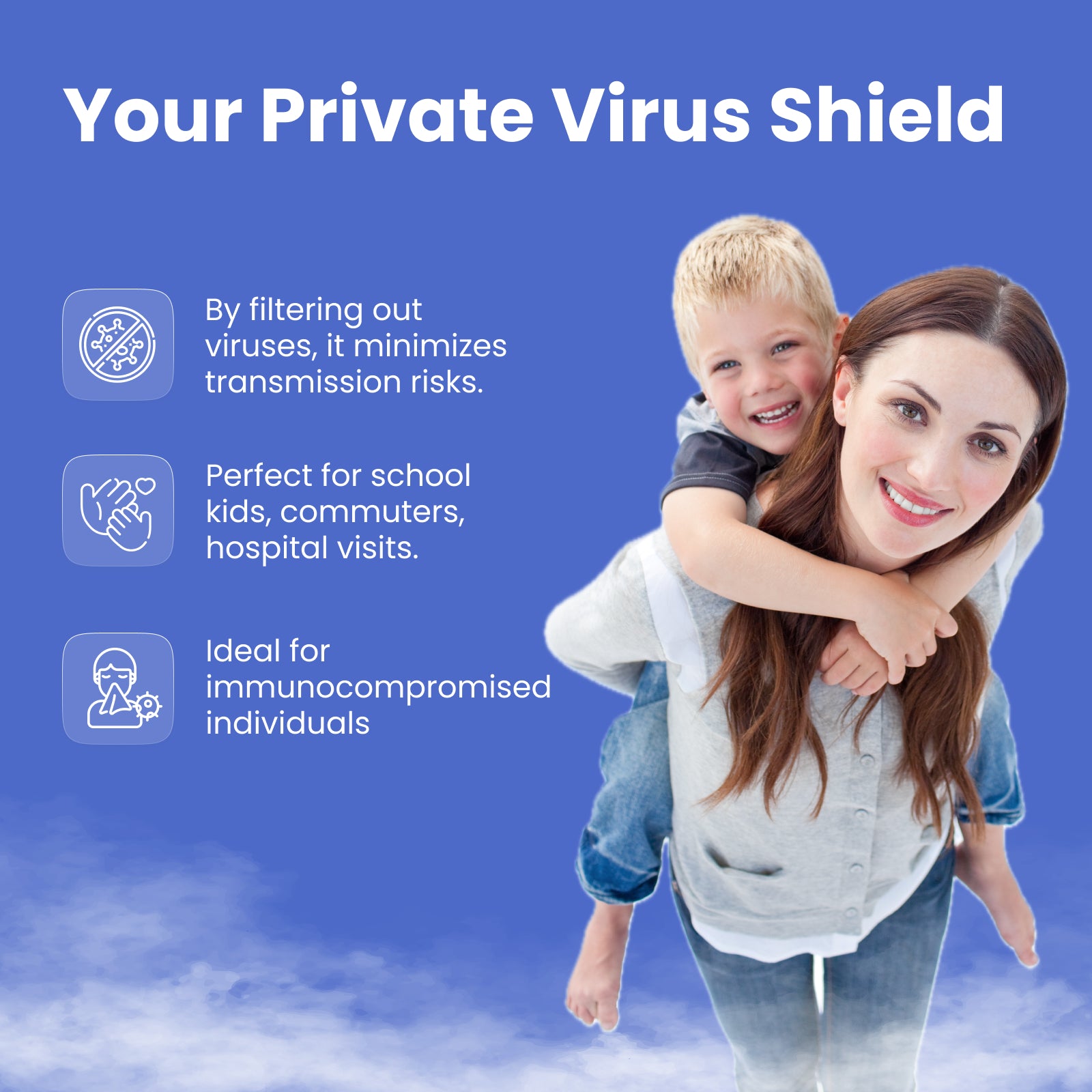 Smart air QT3 portable air purifier showing use as a virus shield to help immunocompromised individuals
