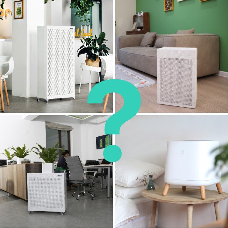 Collage of air purifiers in various indoor settings with a question mark overlay.
