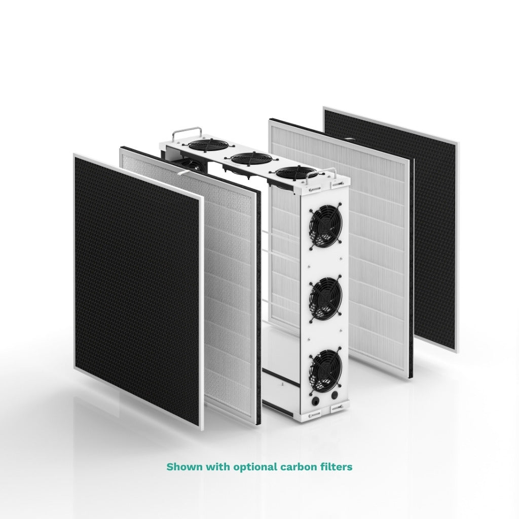Front side view of Smart Air SA700 air purifier showing exploded view with HEPA and optional carbon filters