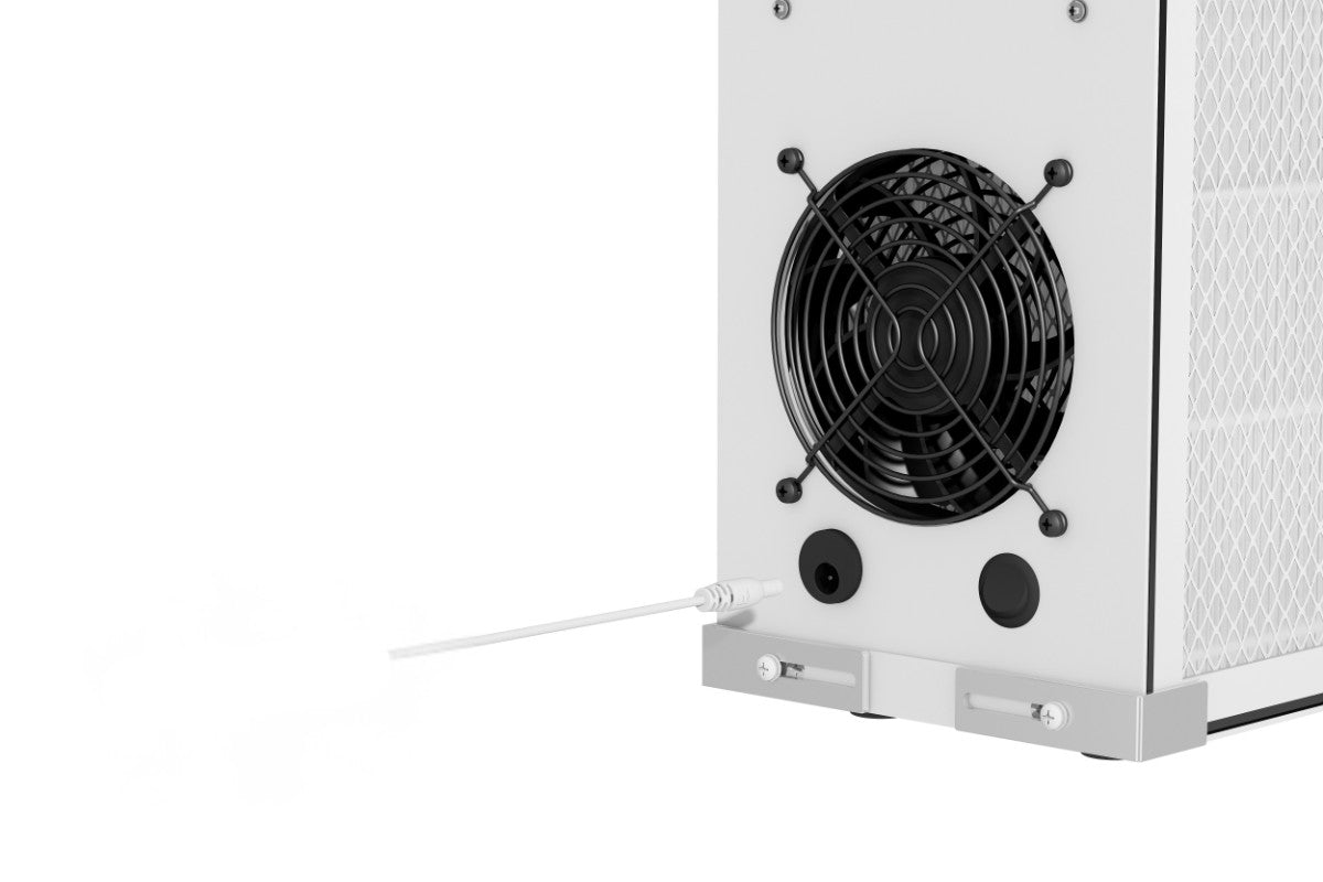Close up of fan on Smart Air SA700 air purifier showing power cable and on/off switch