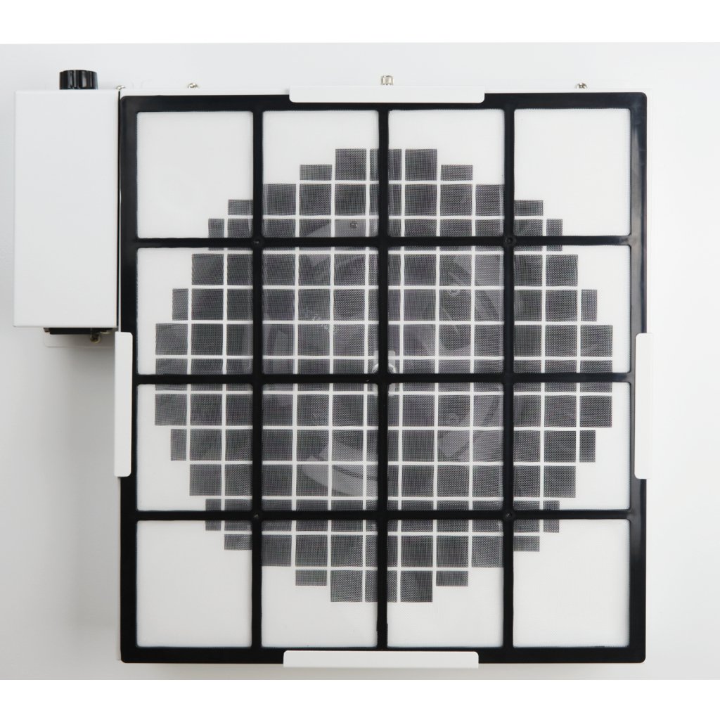 Closeup of fan and pre-filter on Smart Air Blast Mk II Air Purifier with white background