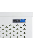 Closeup view of top corner grill on Smart Air Blast Mk II Air Purifier with white background