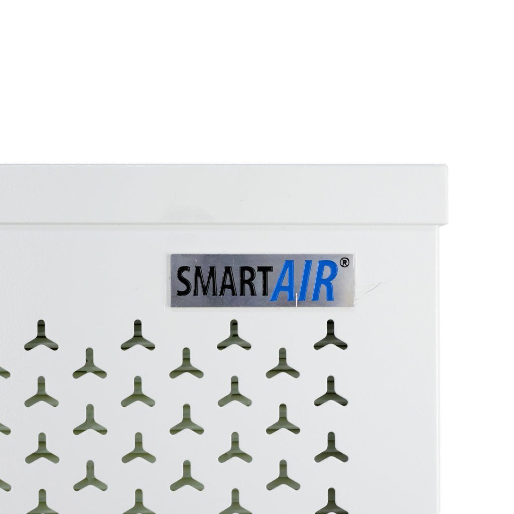 Closeup view of top corner grill on Smart Air Blast Mk II Air Purifier with white background