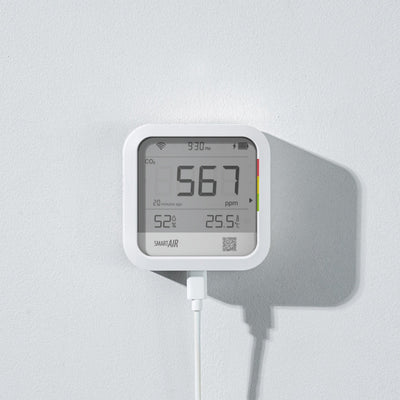 Smart Air CO2 Monitor on a wall displaying 567 ppm