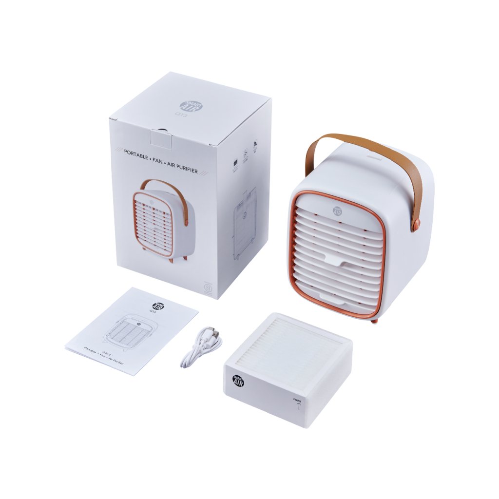 Smart Air QT3 portable Air Purifier displaying HEPA filter, charging cable, box and manual