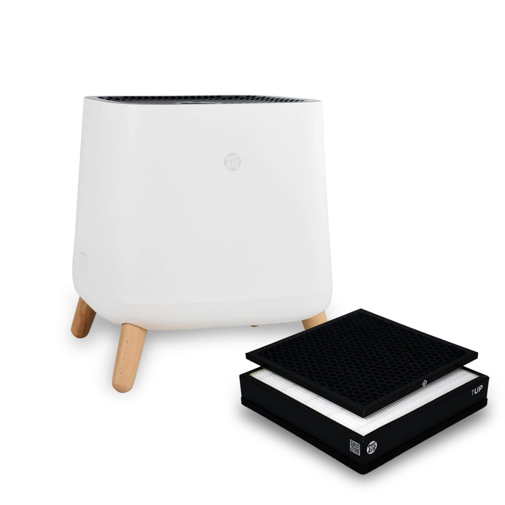 Smart Air Sqair air purifier next to HEPA filter and activated carbon filter